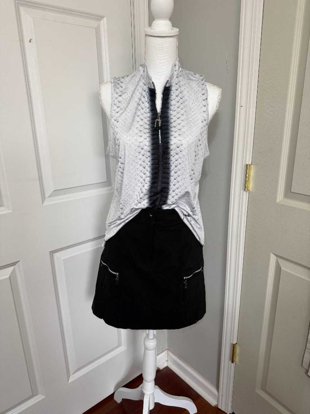 Jamie Sadock Golf Top L Gray Black Snake Print Sleeveless Quarter Zip